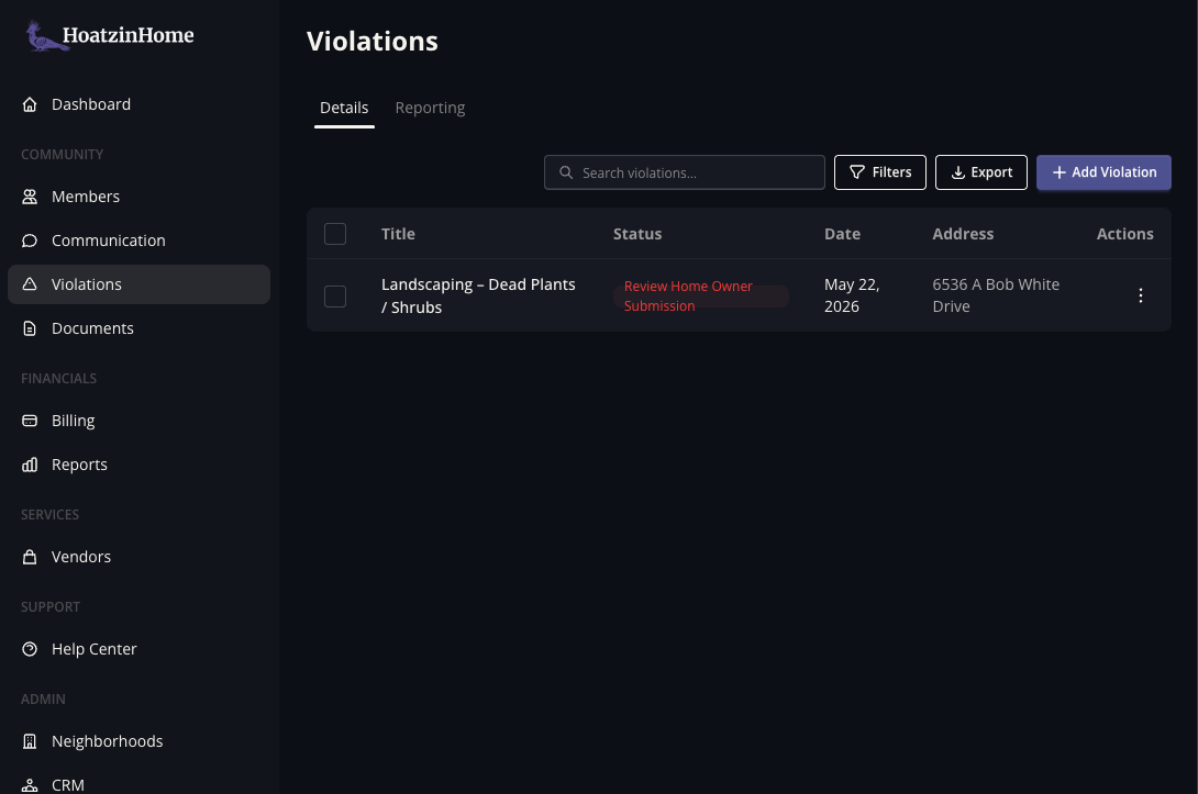 HoatzinHome Violations Page